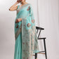 Janasya Sea Blue Linen Blend Kalamkari Jacquard Saree | Swadesiicart