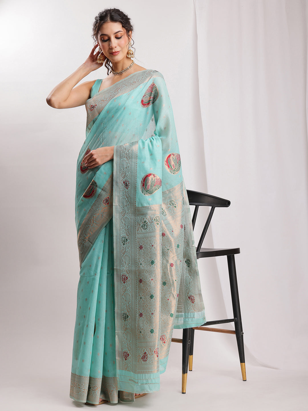 Janasya Sea Blue Linen Blend Kalamkari Jacquard Saree | Swadesiicart