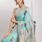 Janasya Sea Blue Linen Blend Kalamkari Jacquard Saree | Swadesiicart