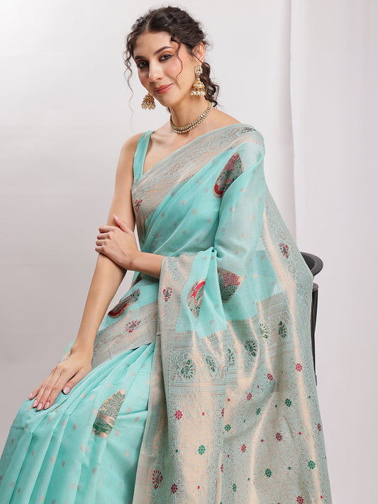 Janasya Sea Blue Linen Blend Kalamkari Jacquard Saree | Swadesiicart