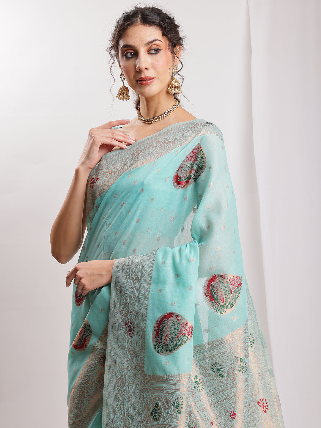 Janasya Sea Blue Linen Blend Kalamkari Jacquard Saree | Swadesiicart