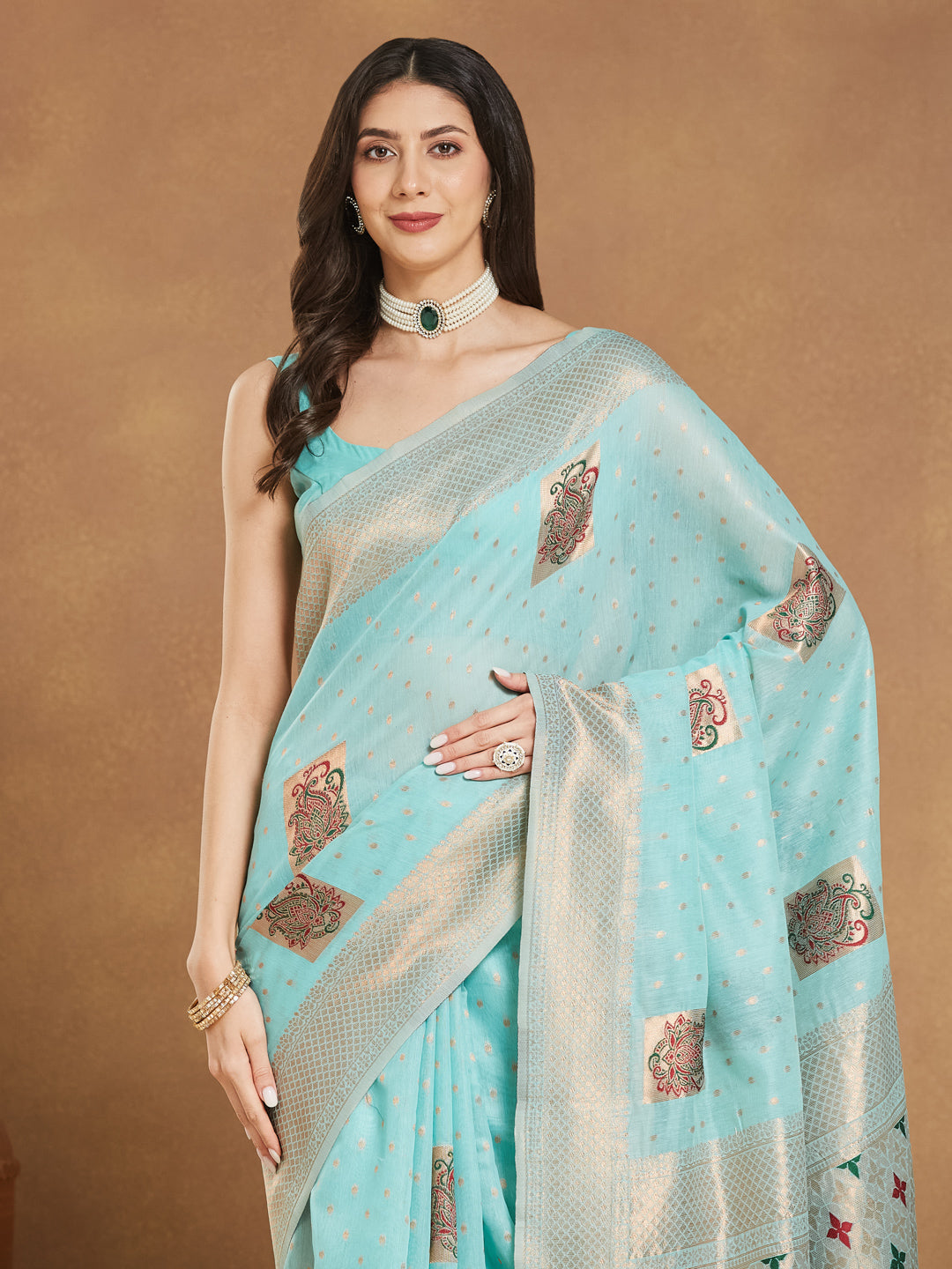 Janasya Sea Green Linen Blend Ethnic Motifs Jacquard Saree | Swadesiicart