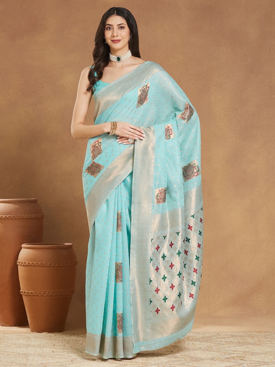 Janasya Sea Green Linen Blend Ethnic Motifs Jacquard Saree | Swadesiicart