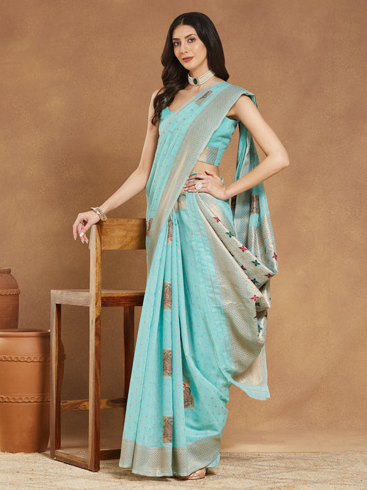 Janasya Sea Green Linen Blend Ethnic Motifs Jacquard Saree | Swadesiicart