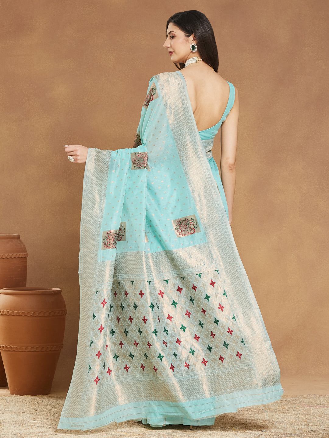 Janasya Sea Green Linen Blend Ethnic Motifs Jacquard Saree | Swadesiicart