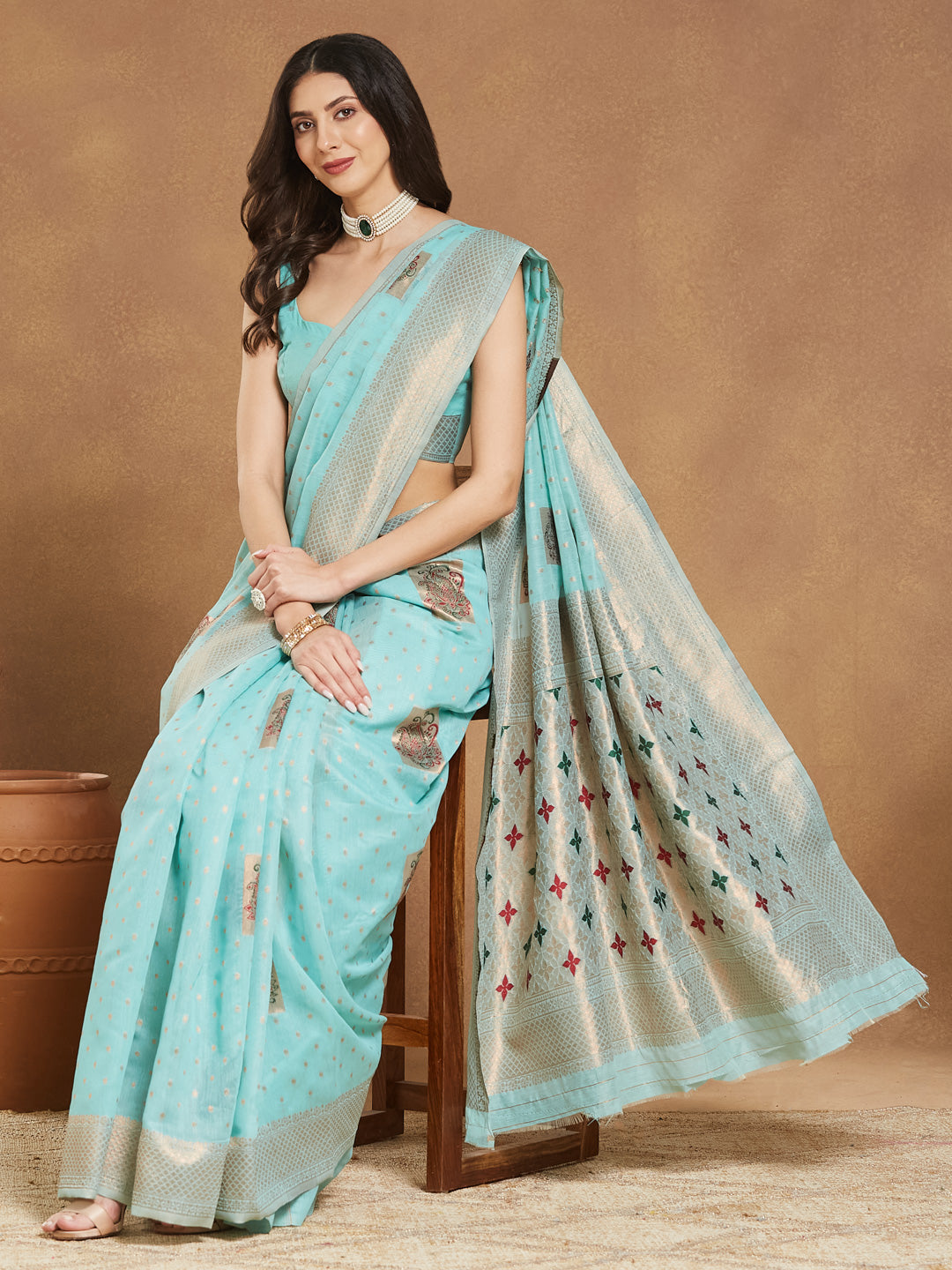 Janasya Sea Green Linen Blend Ethnic Motifs Jacquard Saree | Swadesiicart