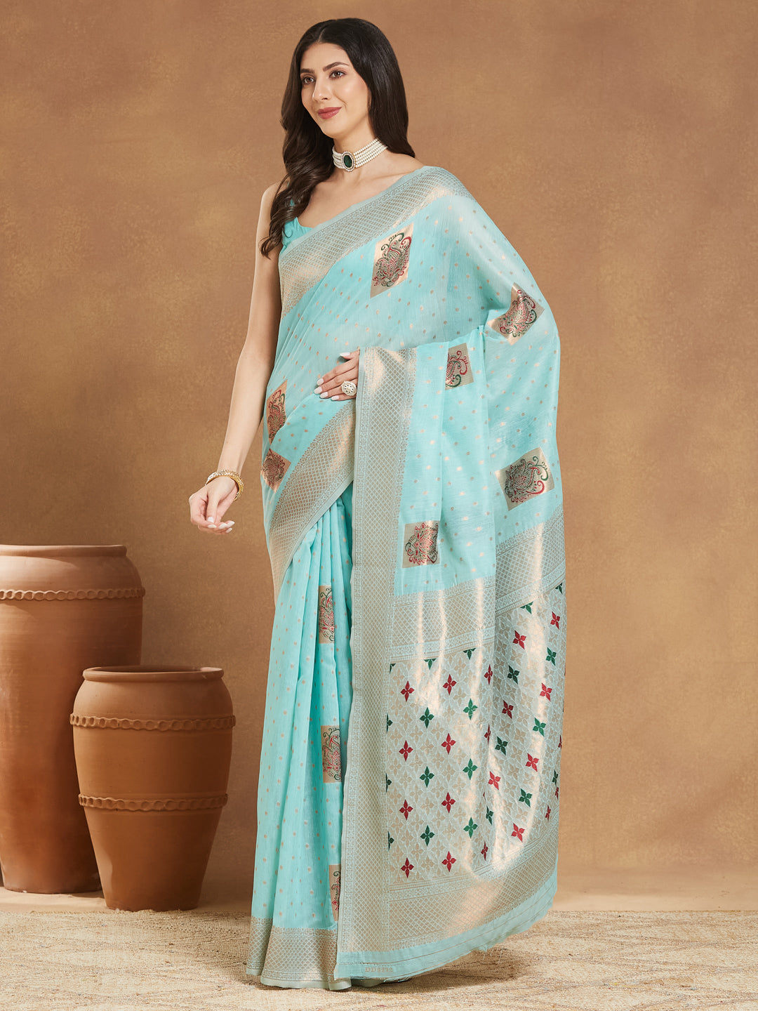 Janasya Sea Green Linen Blend Ethnic Motifs Jacquard Saree | Swadesiicart