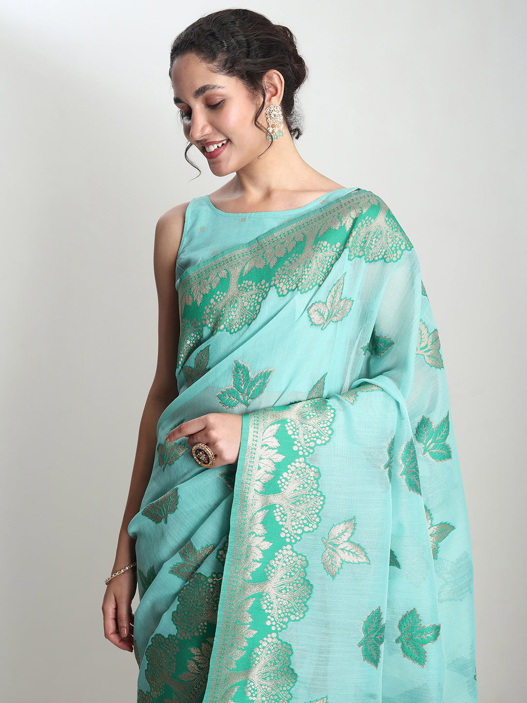 Janasya Sea Green Linen Blend Floral Jacquard Saree | Swadesiicart