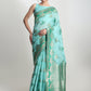Janasya Sea Green Linen Blend Floral Jacquard Saree | Swadesiicart
