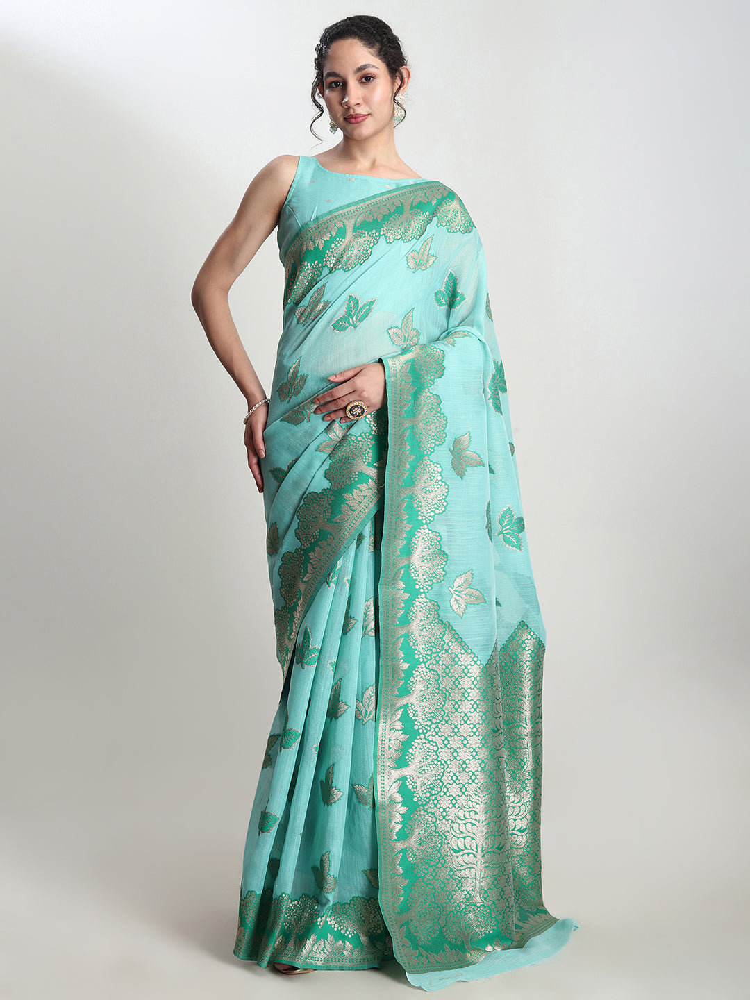 Janasya Sea Green Linen Blend Floral Jacquard Saree | Swadesiicart