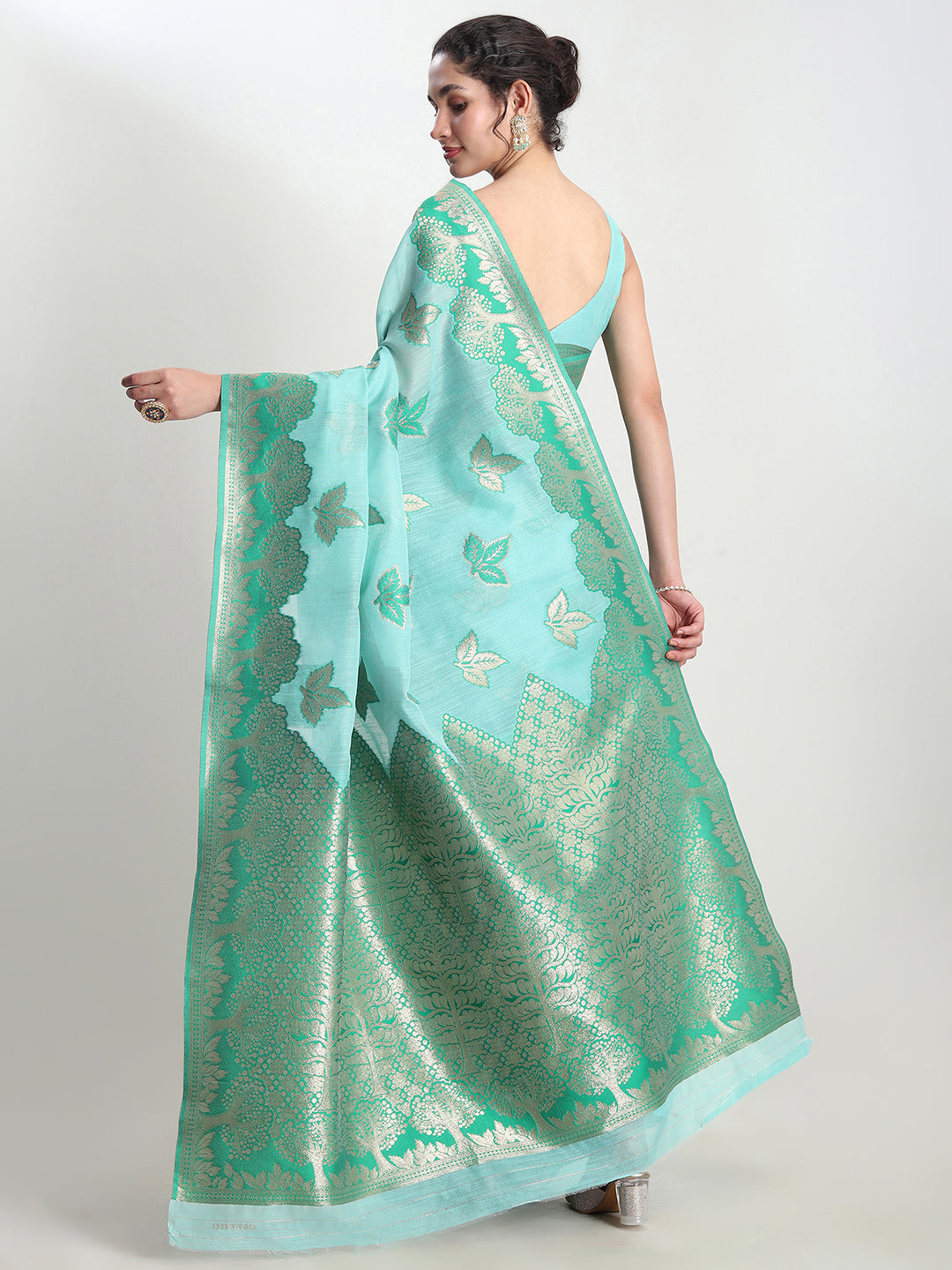 Janasya Sea Green Linen Blend Floral Jacquard Saree | Swadesiicart