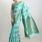 Janasya Sea Green Linen Blend Floral Jacquard Saree | Swadesiicart