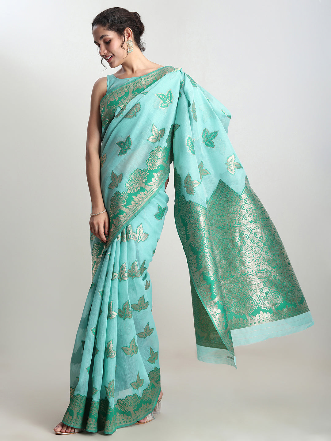 Janasya Sea Green Linen Blend Floral Jacquard Saree | Swadesiicart