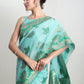 Janasya Sea Green Linen Blend Floral Jacquard Saree | Swadesiicart