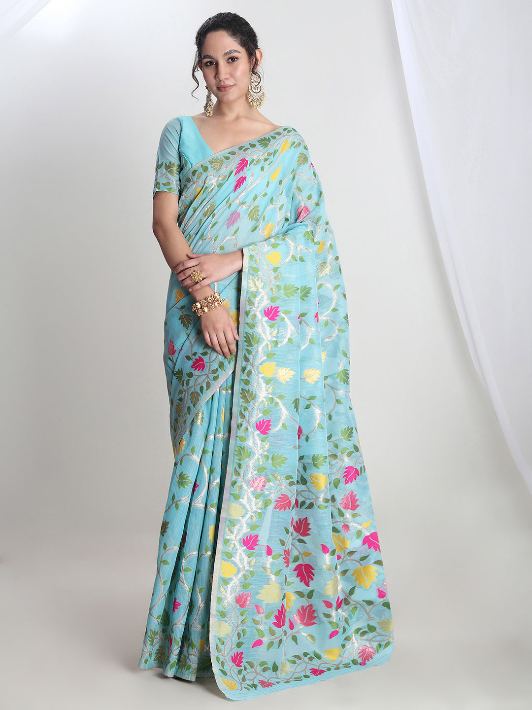Janasya Sky Blue Silk Blend Floral Jacquard Saree | Swadesiicart