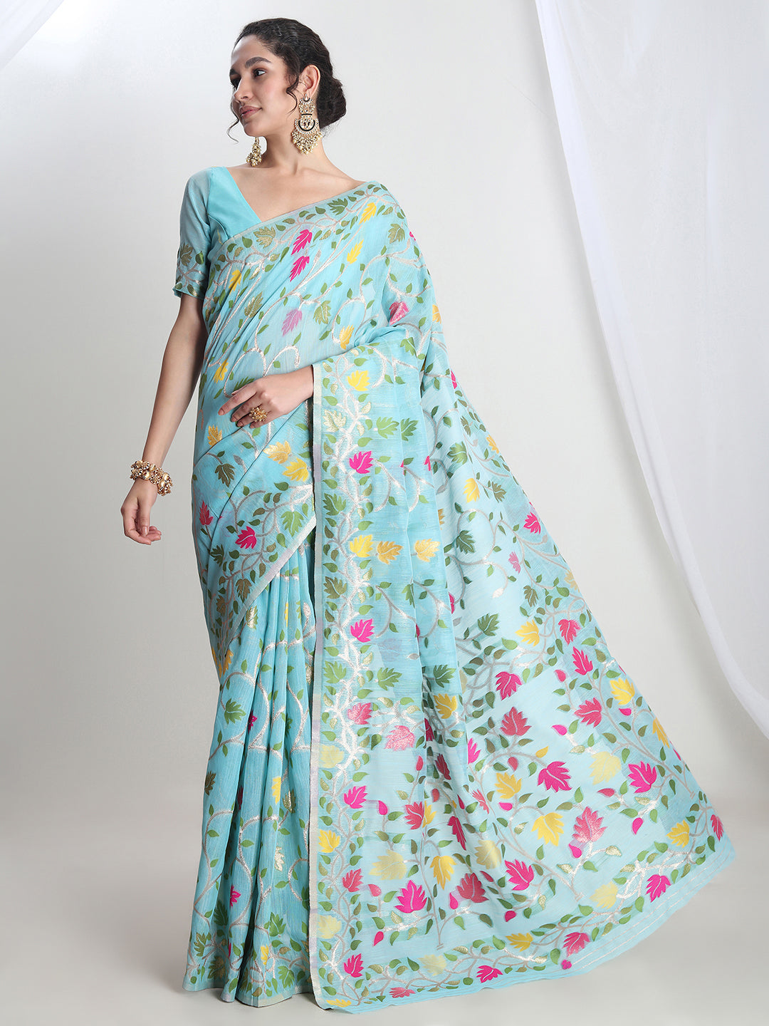 Janasya Sky Blue Silk Blend Floral Jacquard Saree | Swadesiicart