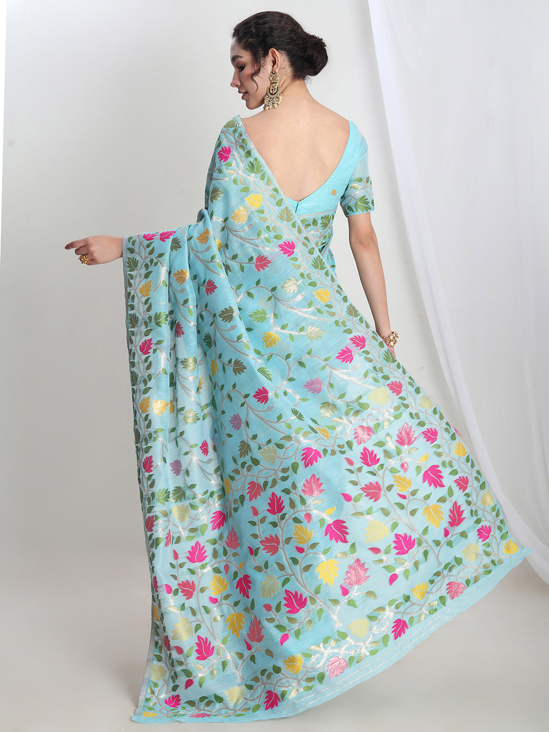 Janasya Sky Blue Silk Blend Floral Jacquard Saree | Swadesiicart
