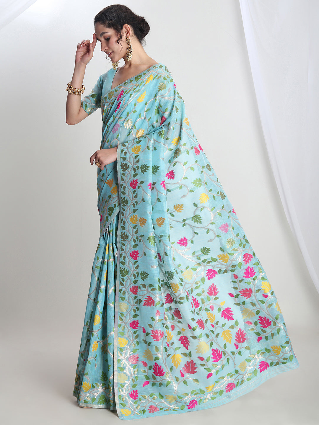 Janasya Sky Blue Silk Blend Floral Jacquard Saree | Swadesiicart
