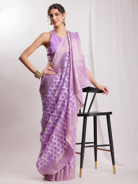 Janasya Lavender Linen Blend Geometric Jacquard Saree | Swadesiicart