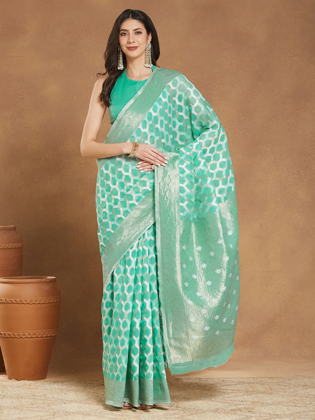 Janasya Sea Green Linen Blend Geometric Jacquard Saree | Swadesiicart