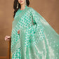 Janasya Sea Green Linen Blend Geometric Jacquard Saree | Swadesiicart