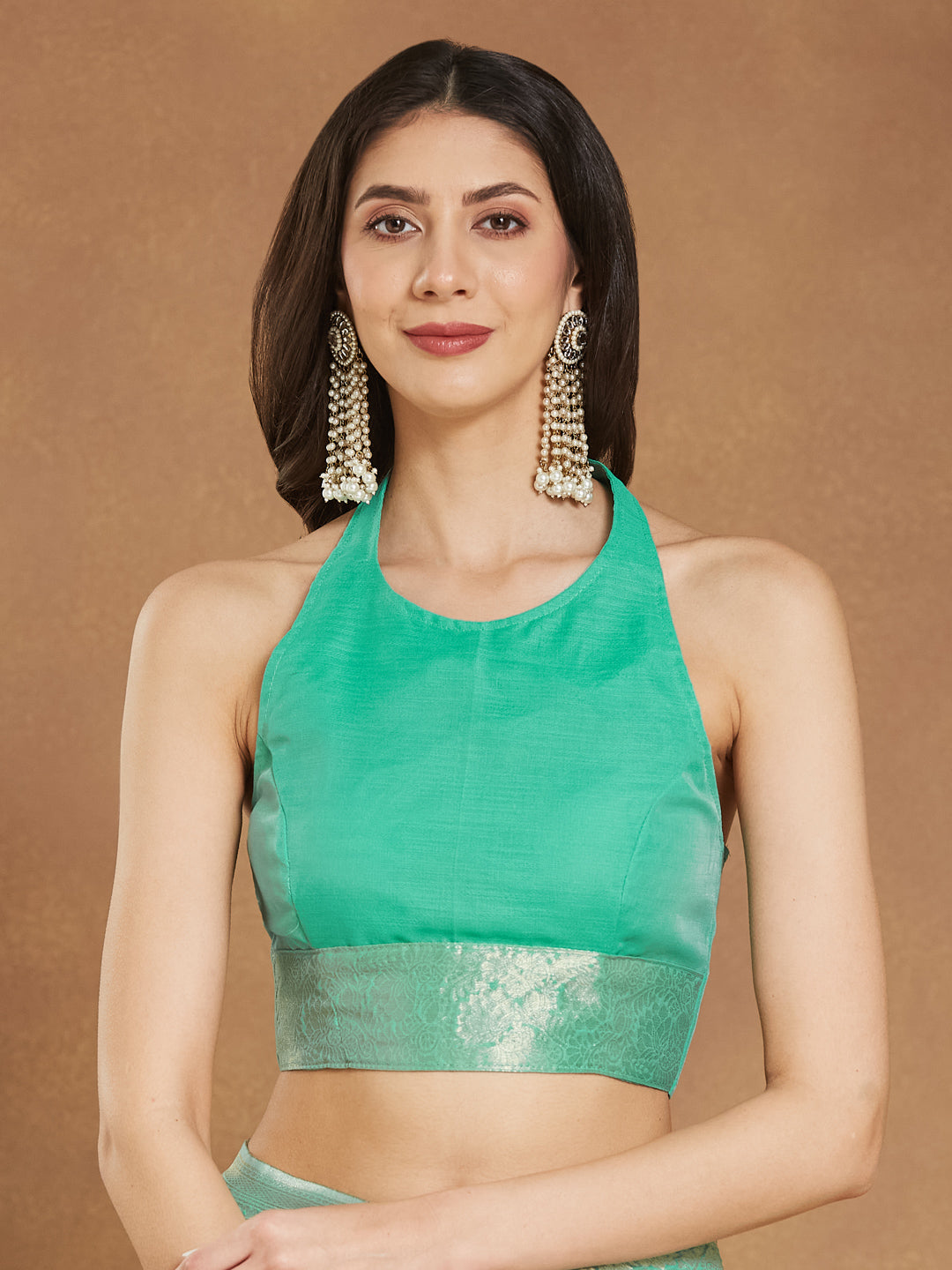 Janasya Sea Green Linen Blend Geometric Jacquard Saree | Swadesiicart