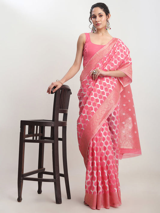 Janasya Peach Linen Blend Geometric Jacquard Saree | Swadesiicart