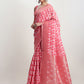 Janasya Peach Linen Blend Geometric Jacquard Saree | Swadesiicart