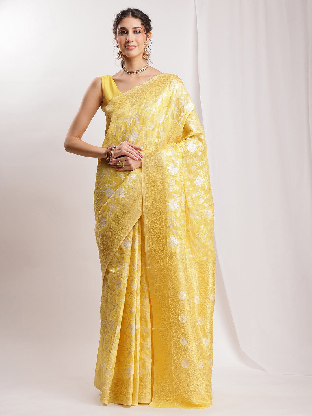 Janasya Yellow Linen Blend Geometric Jacquard Saree | Swadesiicart