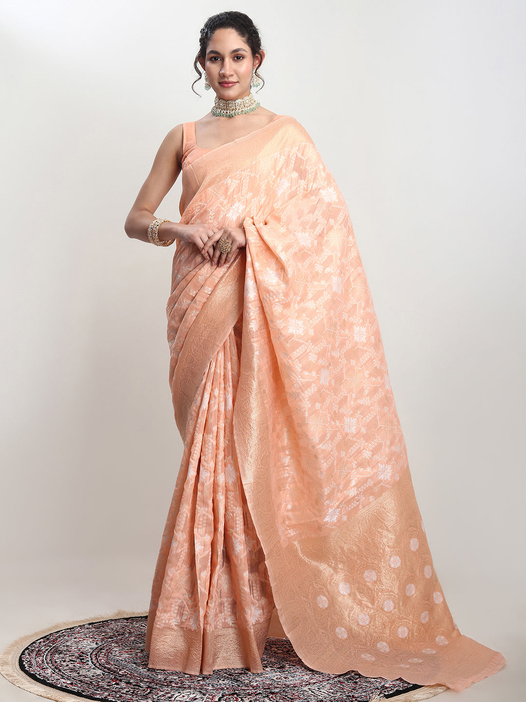 Janasya Orange Linen Blend Geometric Jacquard Saree | Swadesiicart