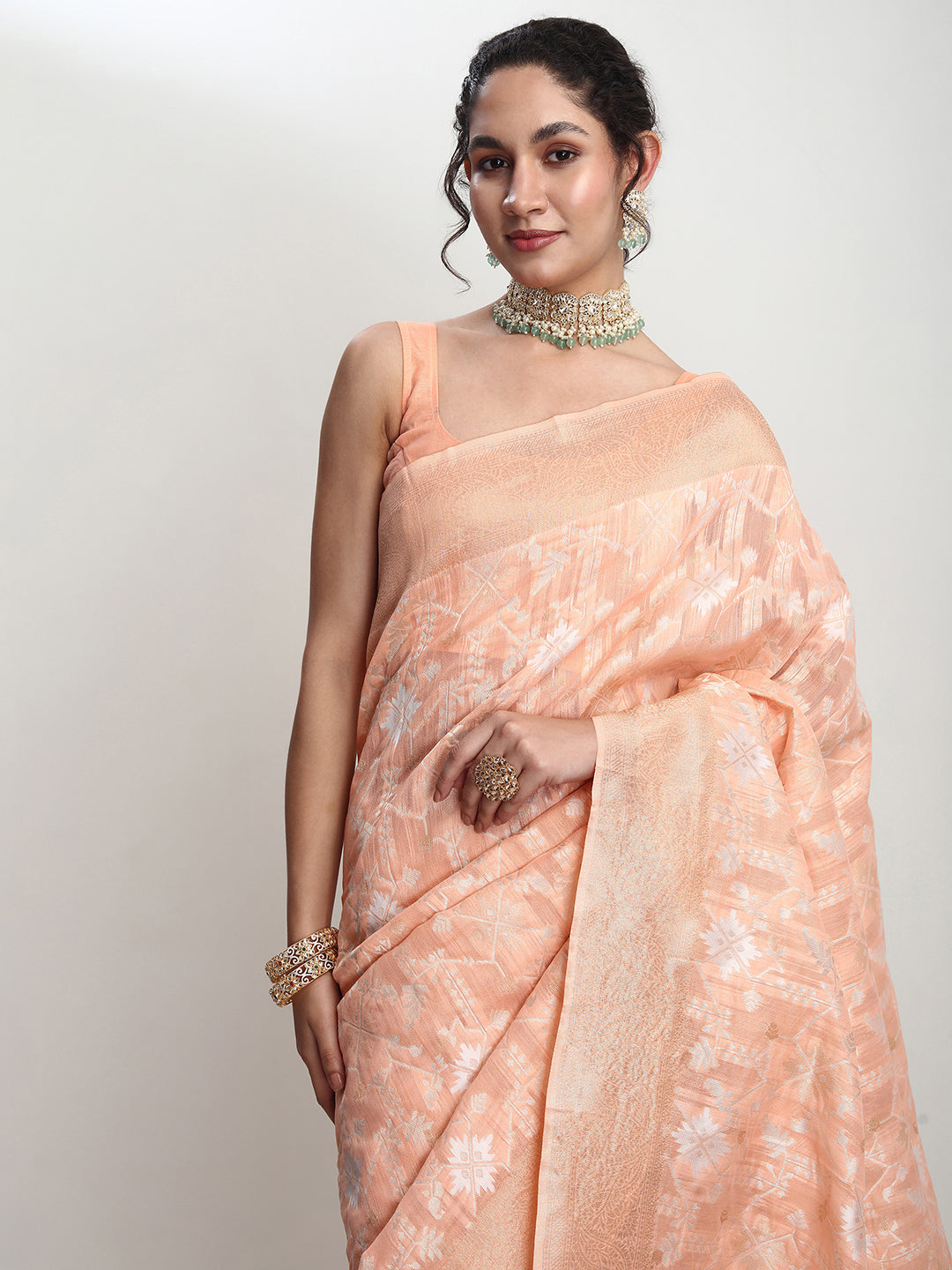 Janasya Orange Linen Blend Geometric Jacquard Saree | Swadesiicart