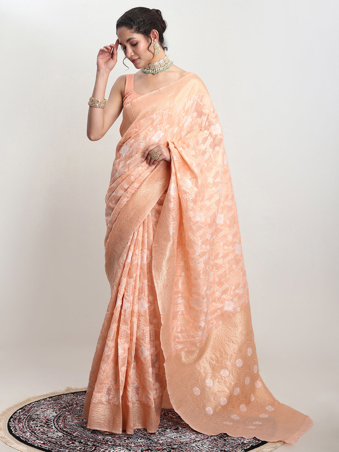Janasya Orange Linen Blend Geometric Jacquard Saree | Swadesiicart