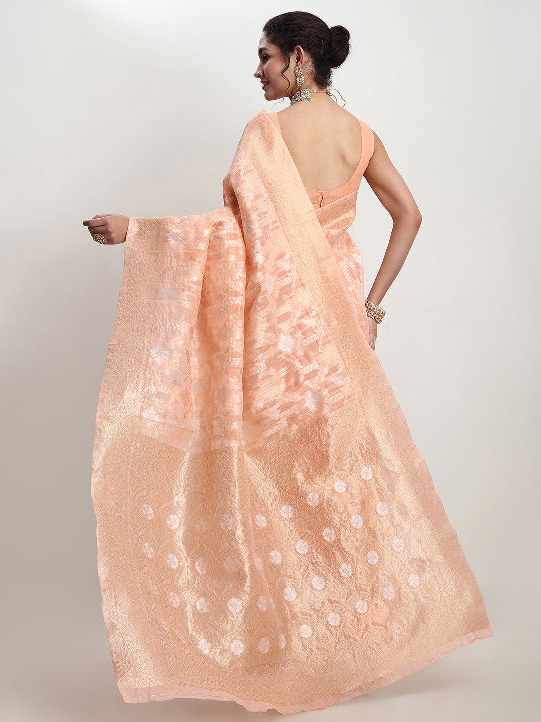 Janasya Orange Linen Blend Geometric Jacquard Saree | Swadesiicart