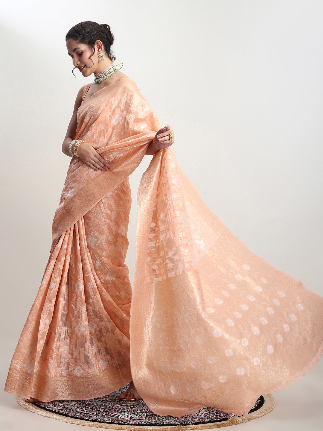 Janasya Orange Linen Blend Geometric Jacquard Saree | Swadesiicart