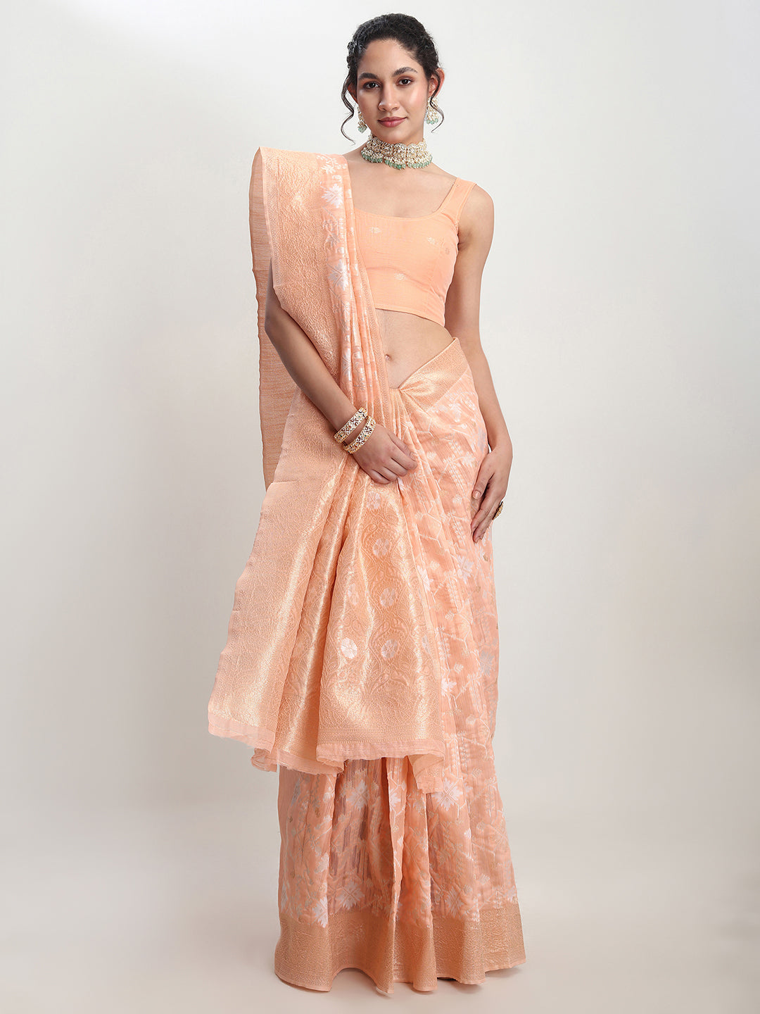 Janasya Orange Linen Blend Geometric Jacquard Saree | Swadesiicart