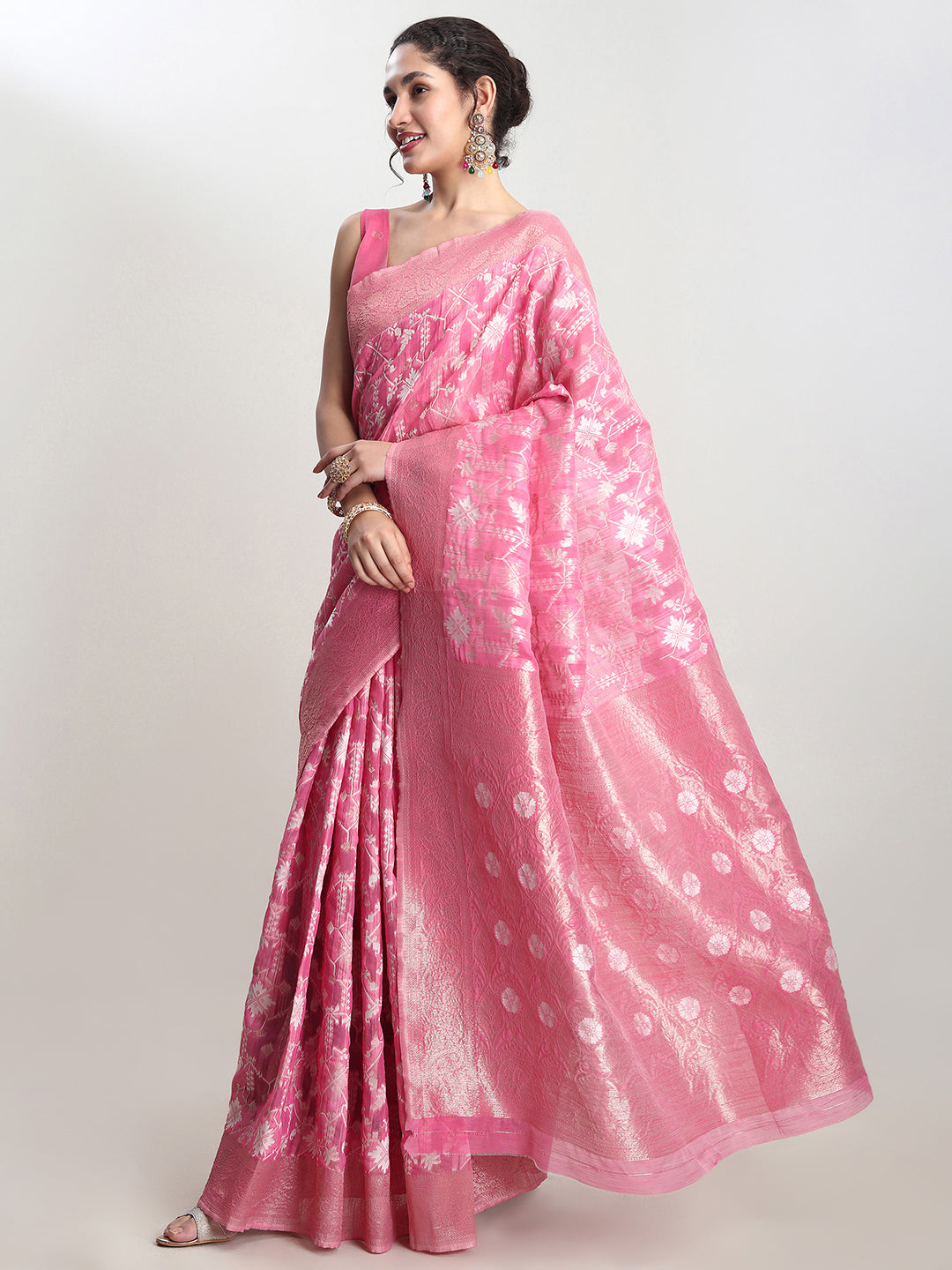 Janasya Pink Linen Blend Geometric Jacquard Saree | Swadesiicart