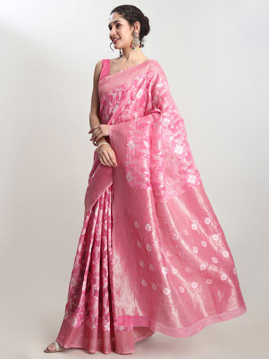Janasya Pink Linen Blend Geometric Jacquard Saree | Swadesiicart
