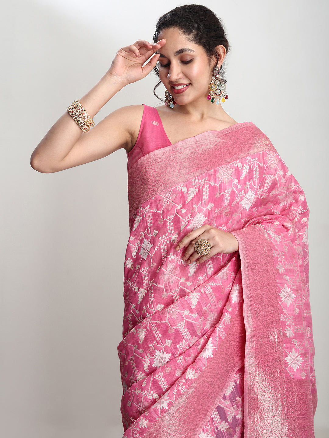 Janasya Pink Linen Blend Geometric Jacquard Saree | Swadesiicart