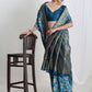 Janasya Blue Silk Blend Floral Jacquard Saree | Swadesiicart