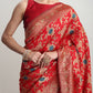 Janasya Red Silk Blend Floral Jacquard Saree | Swadesiicart