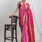 Janasya Pink Silk Blend Floral Jacquard Saree | Swadesiicart