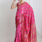 Janasya Pink Silk Blend Floral Jacquard Saree | Swadesiicart