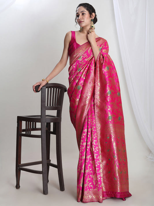 Janasya Pink Silk Blend Floral Jacquard Saree | Swadesiicart