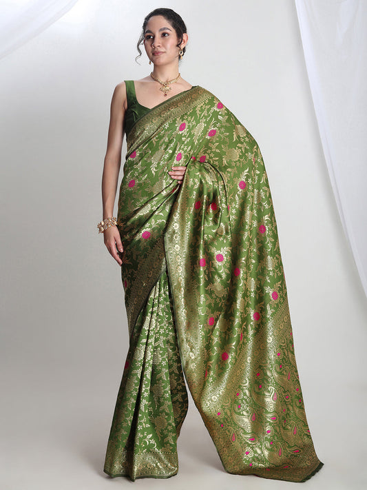 Janasya Green Silk Blend Floral Jacquard Saree | Swadesiicart