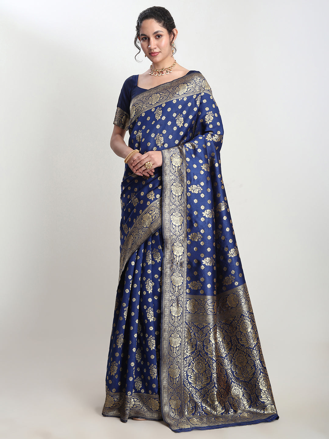 Janasya Blue Silk Blend Floral Jacquard Saree | Swadesiicart