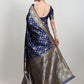 Janasya Blue Silk Blend Floral Jacquard Saree | Swadesiicart