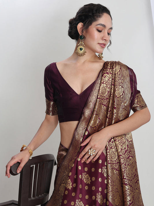 Janasya Purple Silk Blend Floral Jacquard Saree | Swadesiicart