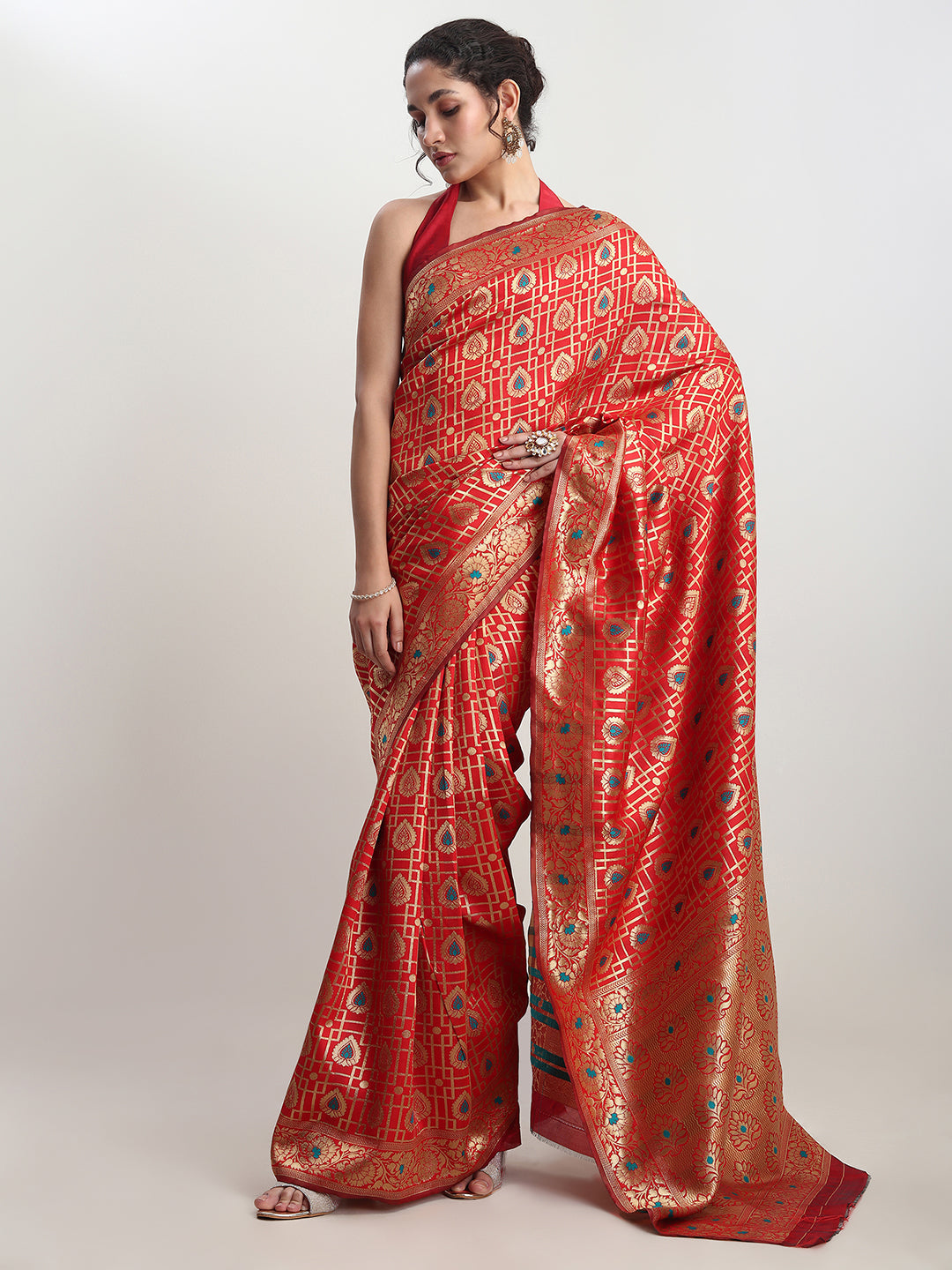 Janasya Red Silk Blend Ethnic Motifs Jacquard Saree | Swadesiicart