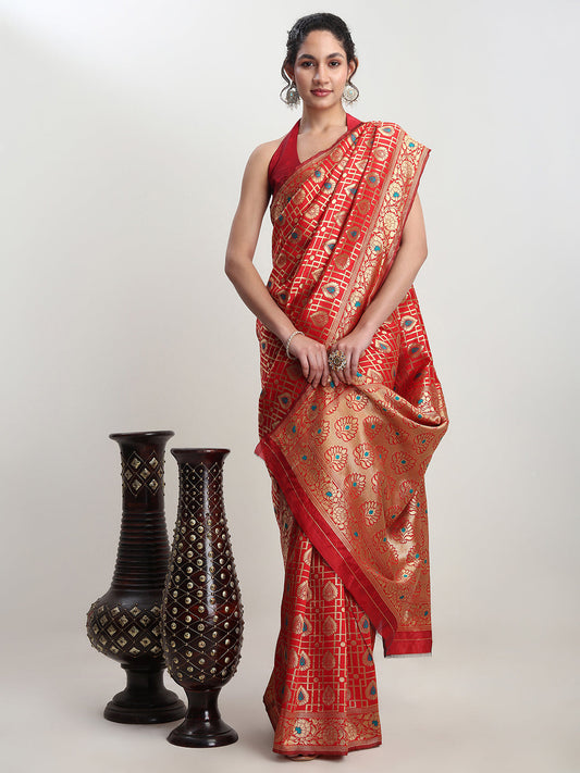 Janasya Red Silk Blend Ethnic Motifs Jacquard Saree | Swadesiicart
