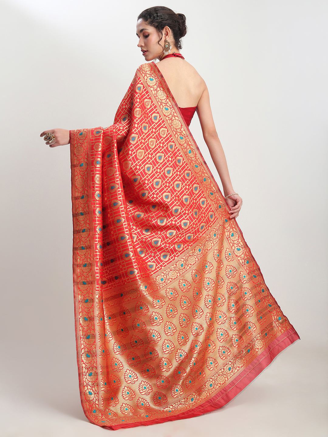 Janasya Red Silk Blend Ethnic Motifs Jacquard Saree | Swadesiicart